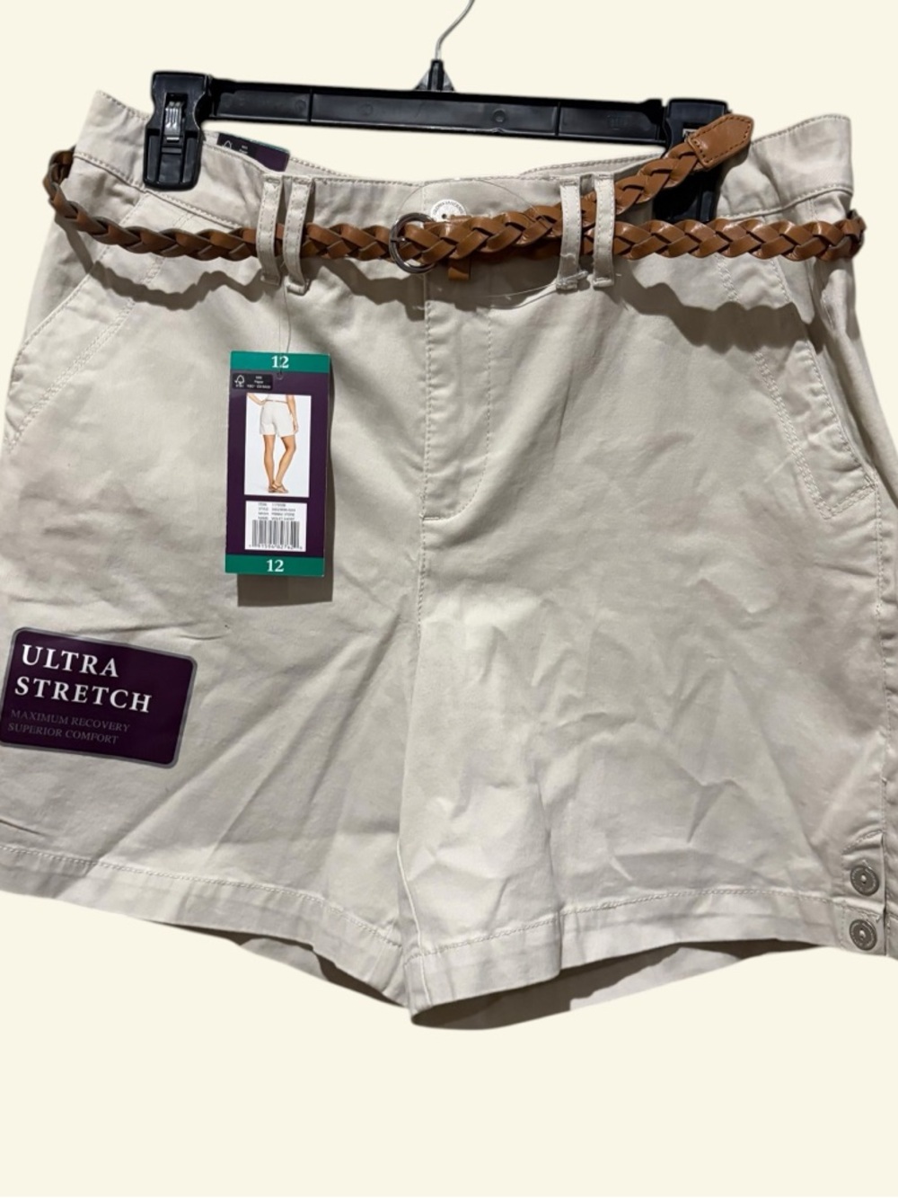 Gloria Vanderbilt Cream High-Waist Ultra Stretch Shorts with Brown Braided Belt